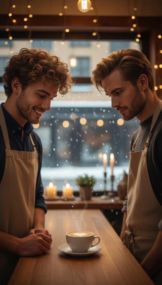 Elias and Hugo looking down at a latte with a heart shape, in a candlelit Stockholm café