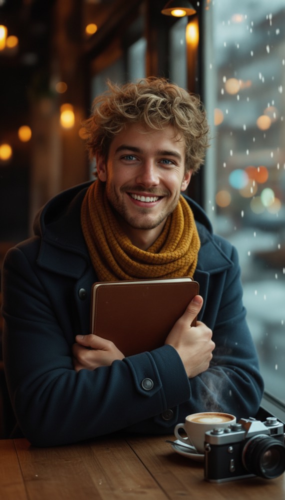 Hugo hugging his sketchbook by the café window, snow falling outside